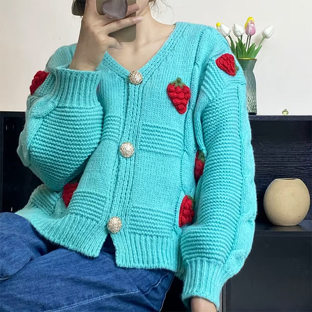 STRAWBERRY APPLIQUÉS CHUNKY KNIT CARDIGAN