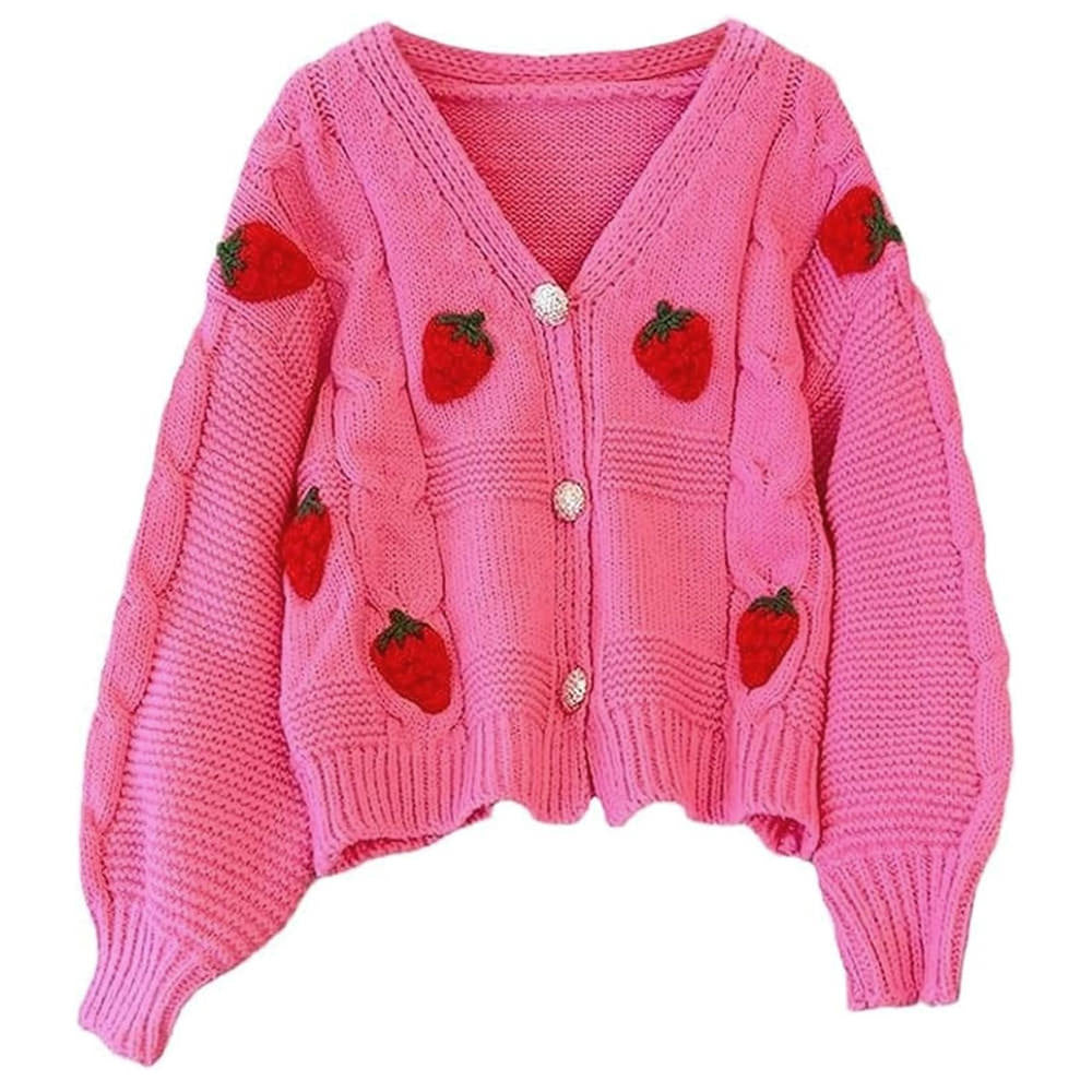 STRAWBERRY APPLIQUÉS CHUNKY KNIT CARDIGAN