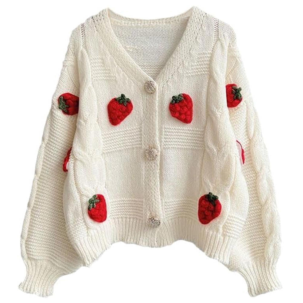 STRAWBERRY APPLIQUÉS CHUNKY KNIT CARDIGAN