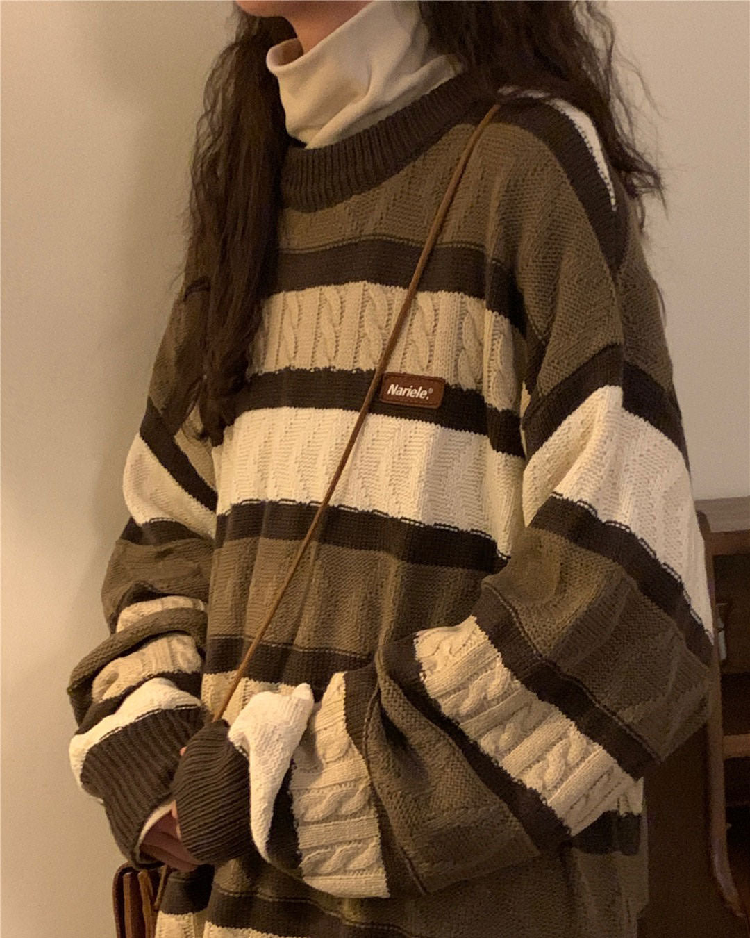 STRIPED BROWN AND BEIGE CABLE-KNIT SWEATER FOR MEN