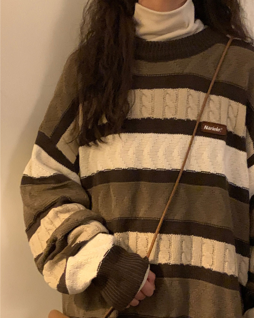 STRIPED BROWN AND BEIGE CABLE-KNIT SWEATER FOR MEN