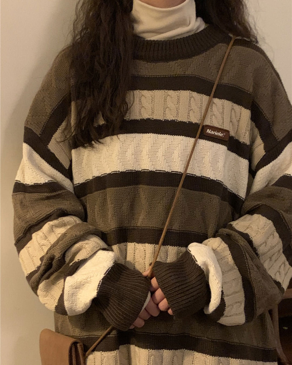 STRIPED BROWN AND BEIGE CABLE-KNIT SWEATER FOR MEN