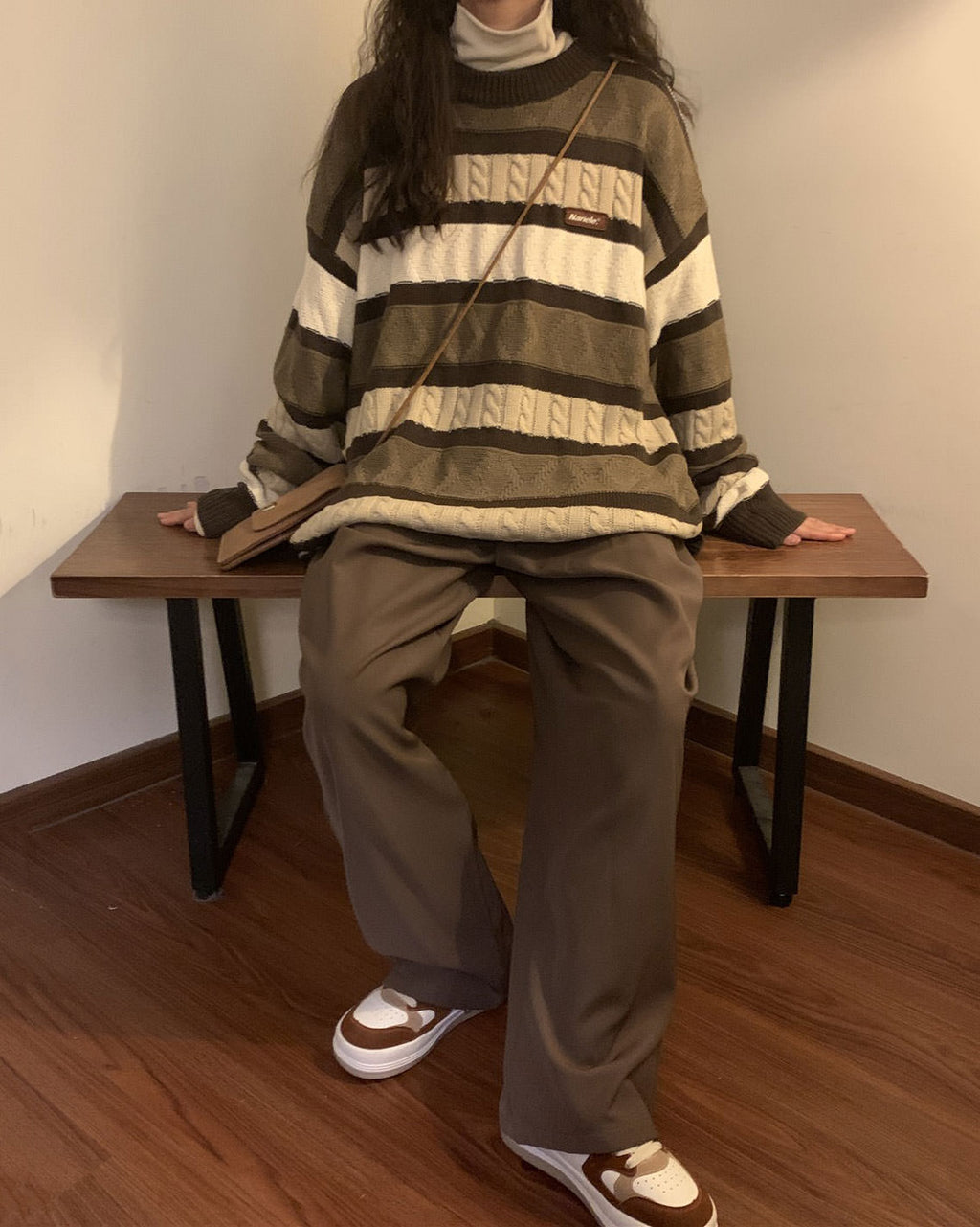 STRIPED BROWN AND BEIGE CABLE-KNIT SWEATER FOR MEN