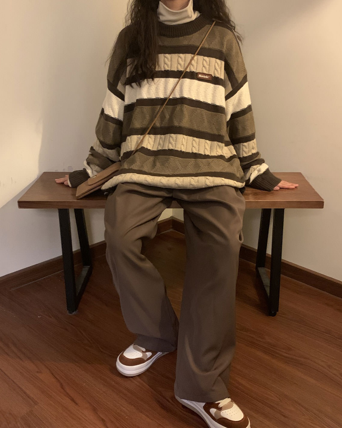 STRIPED BROWN AND BEIGE CABLE-KNIT SWEATER FOR MEN