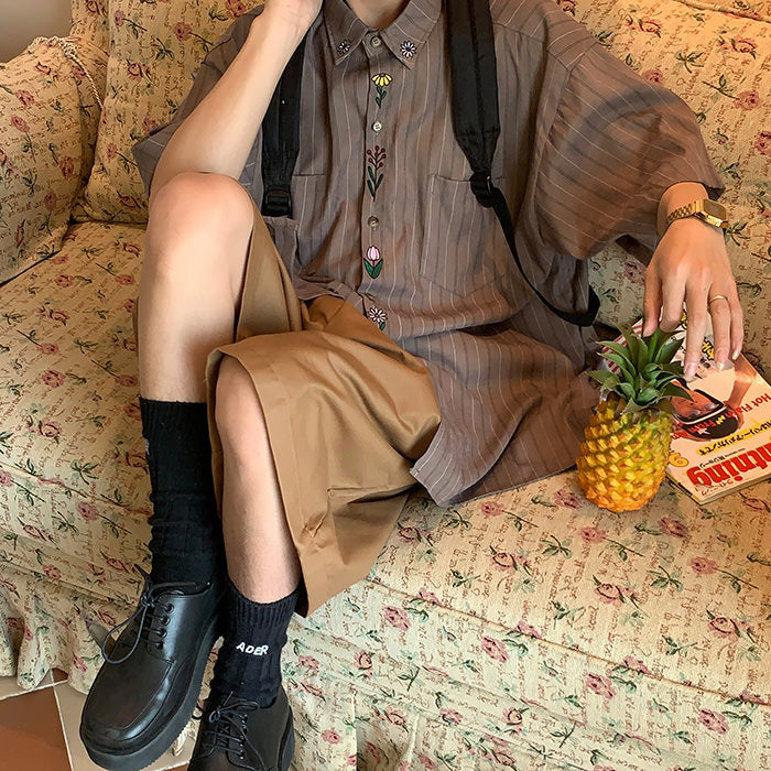 STRIPED BROWN SHIRT WITH FLORAL EMBROIDERY FOR WOMEN