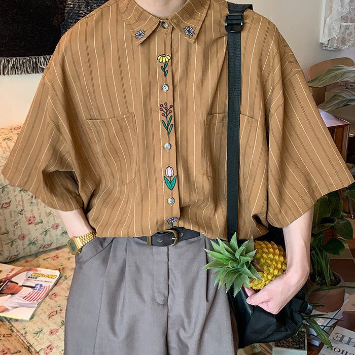 STRIPED BROWN SHIRT WITH FLORAL EMBROIDERY FOR WOMEN