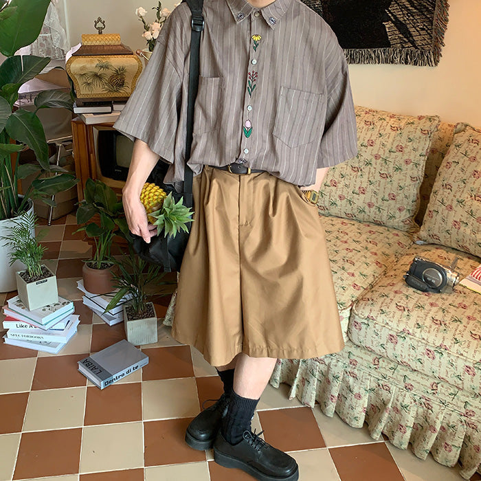 STRIPED BROWN SHIRT WITH FLORAL EMBROIDERY FOR WOMEN