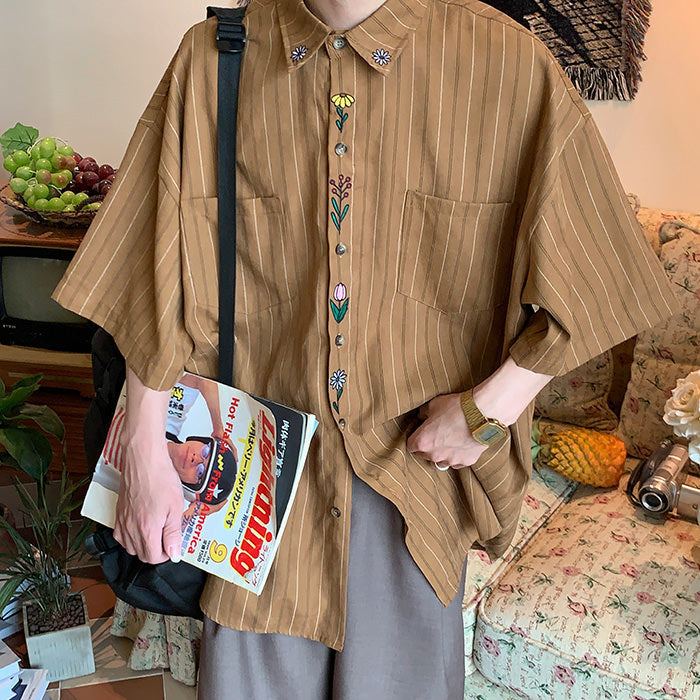 STRIPED BROWN SHIRT WITH FLORAL EMBROIDERY FOR WOMEN