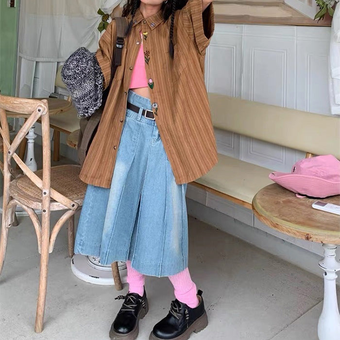 STRIPED BROWN SHIRT WITH FLORAL EMBROIDERY FOR WOMEN