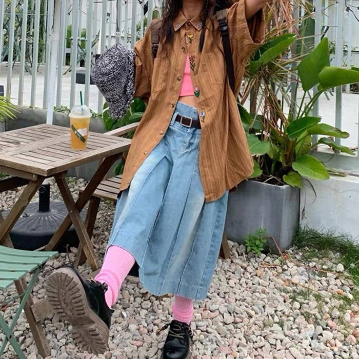 STRIPED BROWN SHIRT WITH FLORAL EMBROIDERY FOR WOMEN