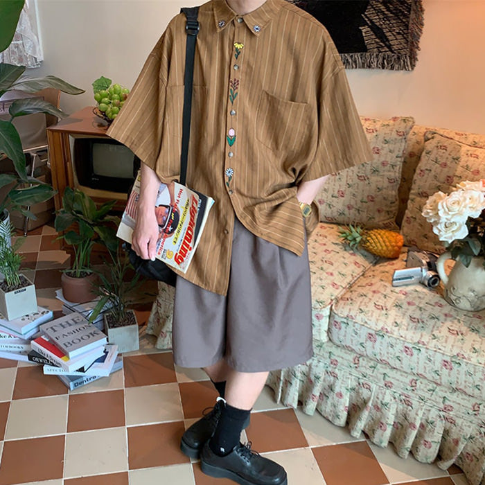 STRIPED BROWN SHIRT WITH FLORAL EMBROIDERY FOR WOMEN