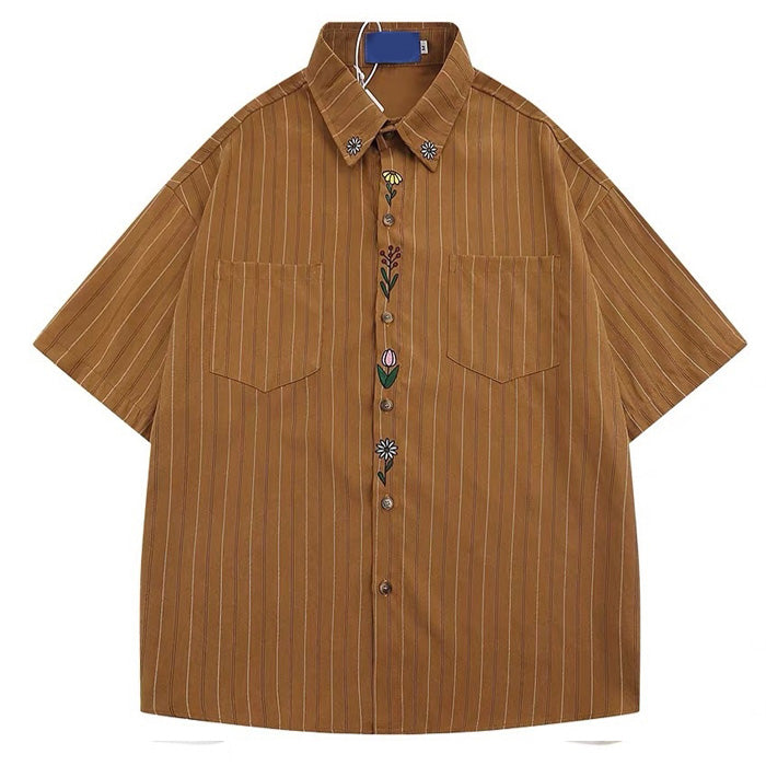 STRIPED BROWN SHIRT WITH FLORAL EMBROIDERY FOR WOMEN