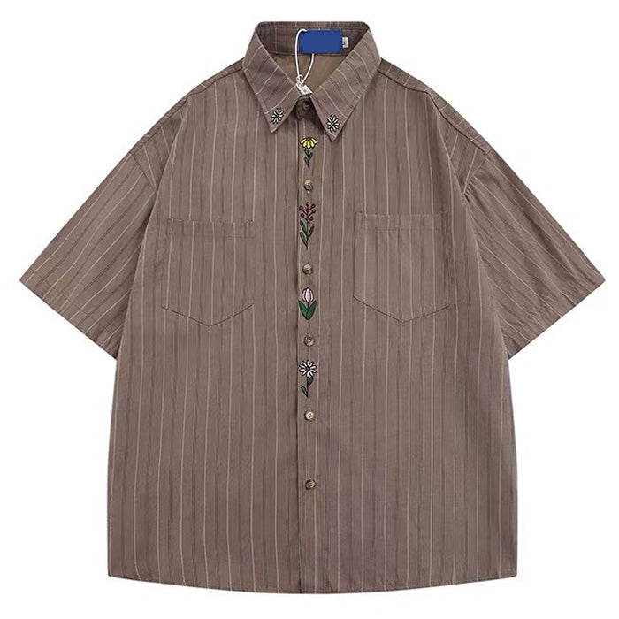 STRIPED BROWN SHIRT WITH FLORAL EMBROIDERY FOR WOMEN