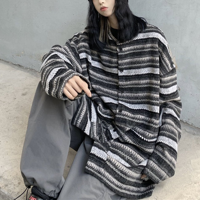 STRIPED BUTTON-DOWN CARDIGAN WITH POCKETS FOR WOMEN OR MEN