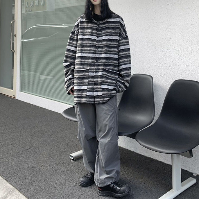 STRIPED BUTTON-DOWN CARDIGAN WITH POCKETS FOR WOMEN OR MEN