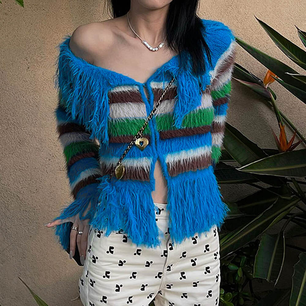 STRIPED CARDIGAN WITH PLAYFUL FRINGE DETAILS