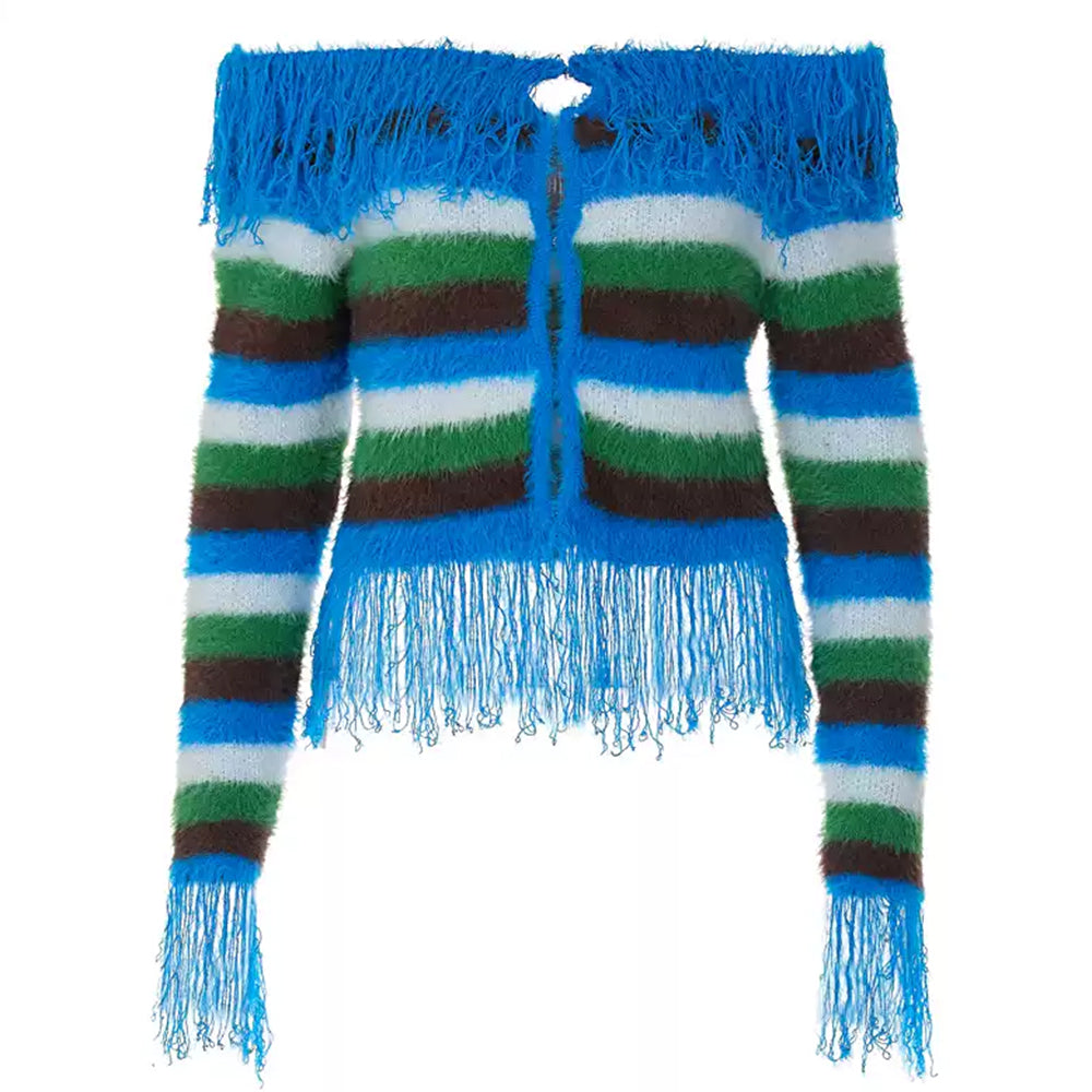 STRIPED CARDIGAN WITH PLAYFUL FRINGE DETAILS