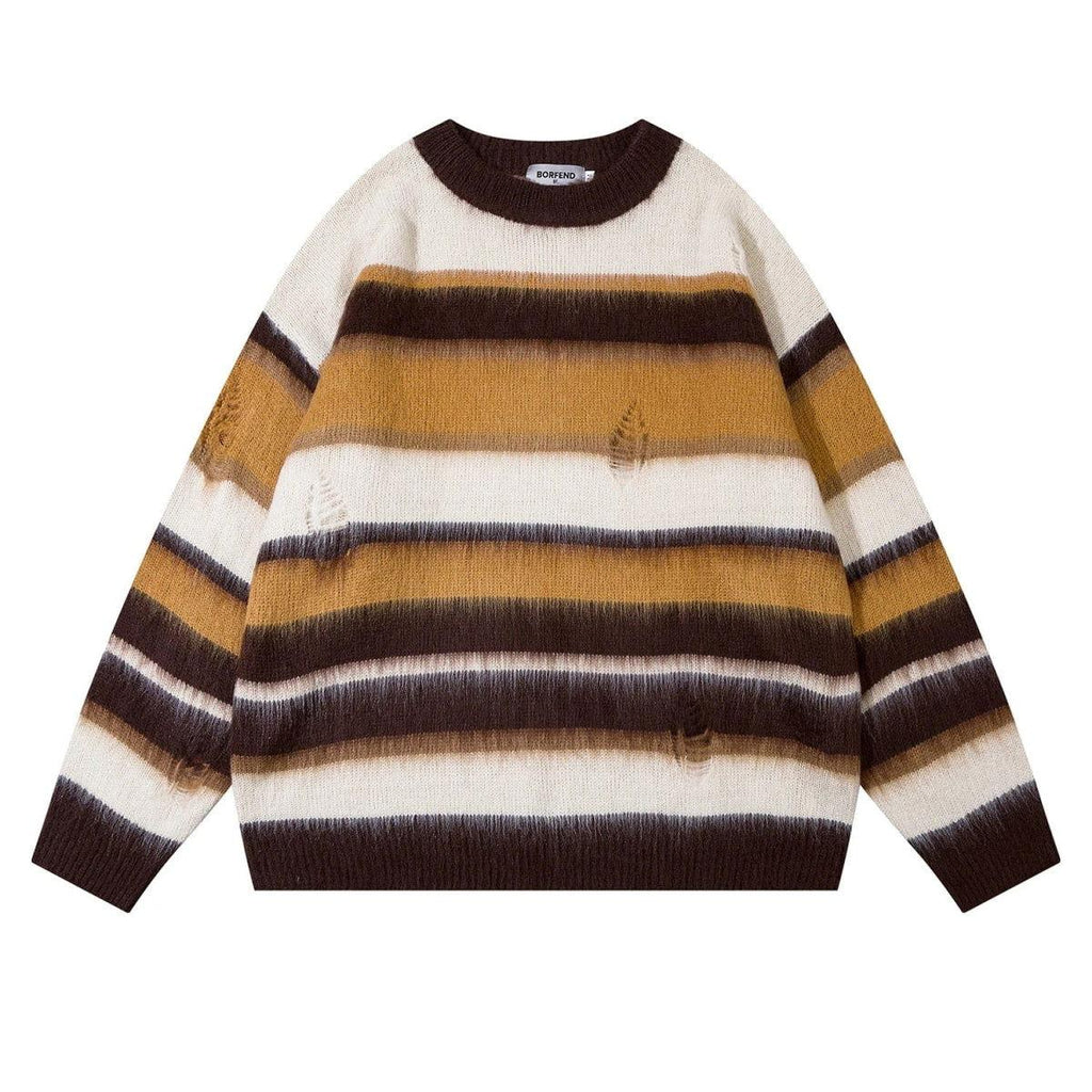STRIPED DISTRESSED KNIT SWEATER BIMILIS SWEAT UNISEX COTTON