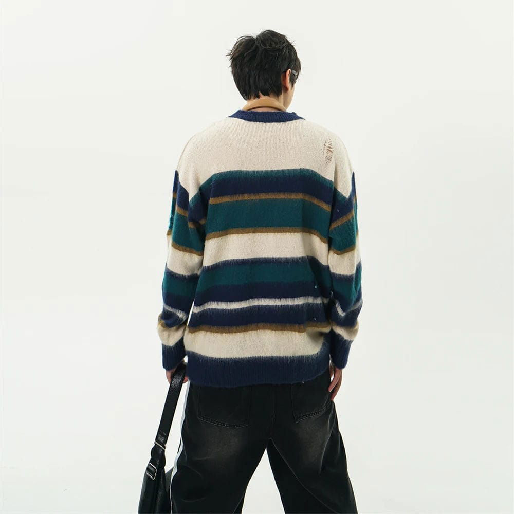 STRIPED DISTRESSED KNIT SWEATER BIMILIS SWEAT UNISEX COTTON