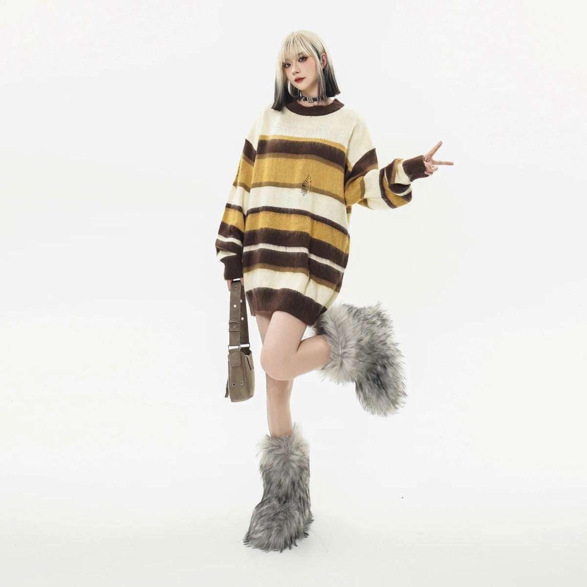 STRIPED DISTRESSED KNIT SWEATER BIMILIS SWEAT UNISEX COTTON