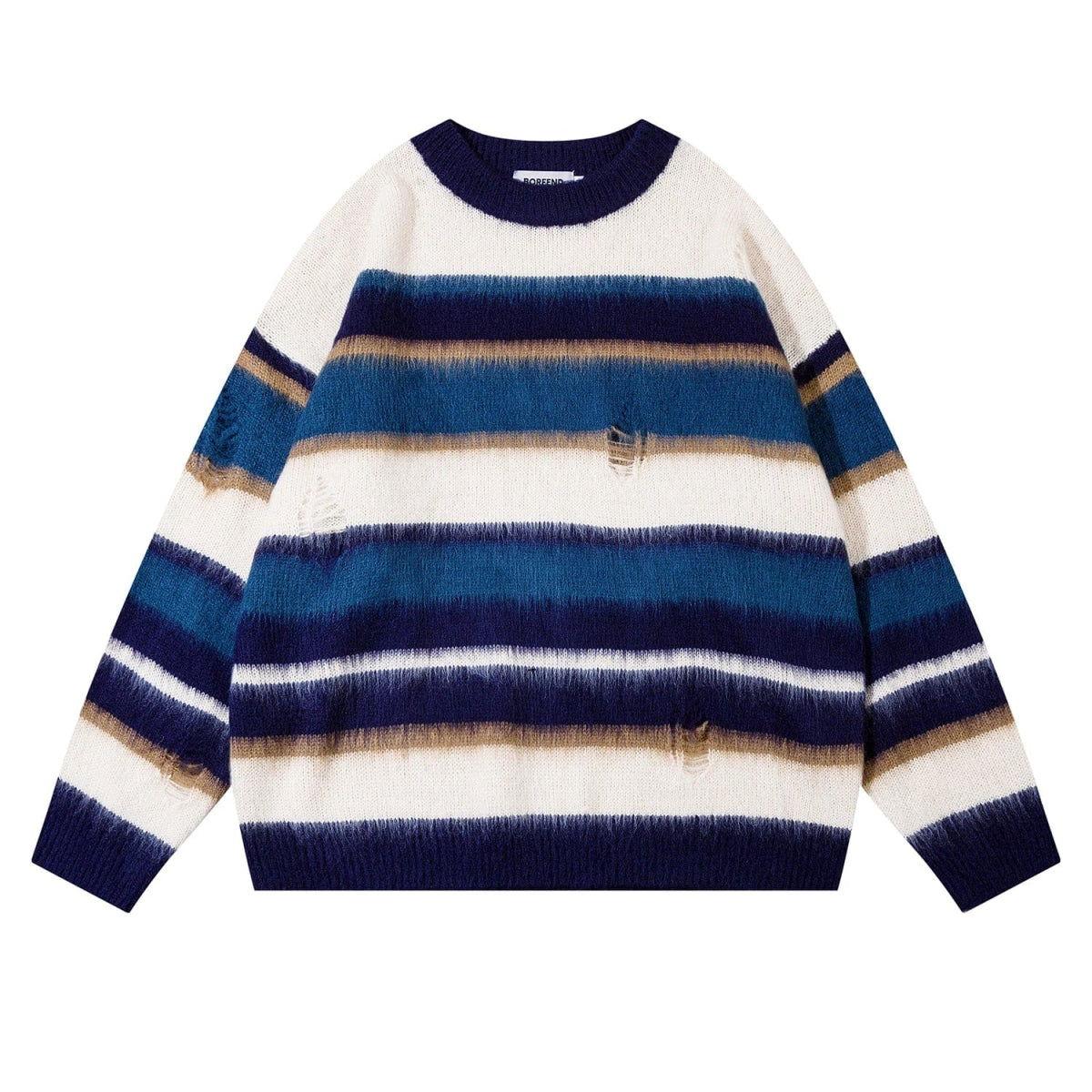 STRIPED DISTRESSED KNIT SWEATER BIMILIS SWEAT UNISEX COTTON