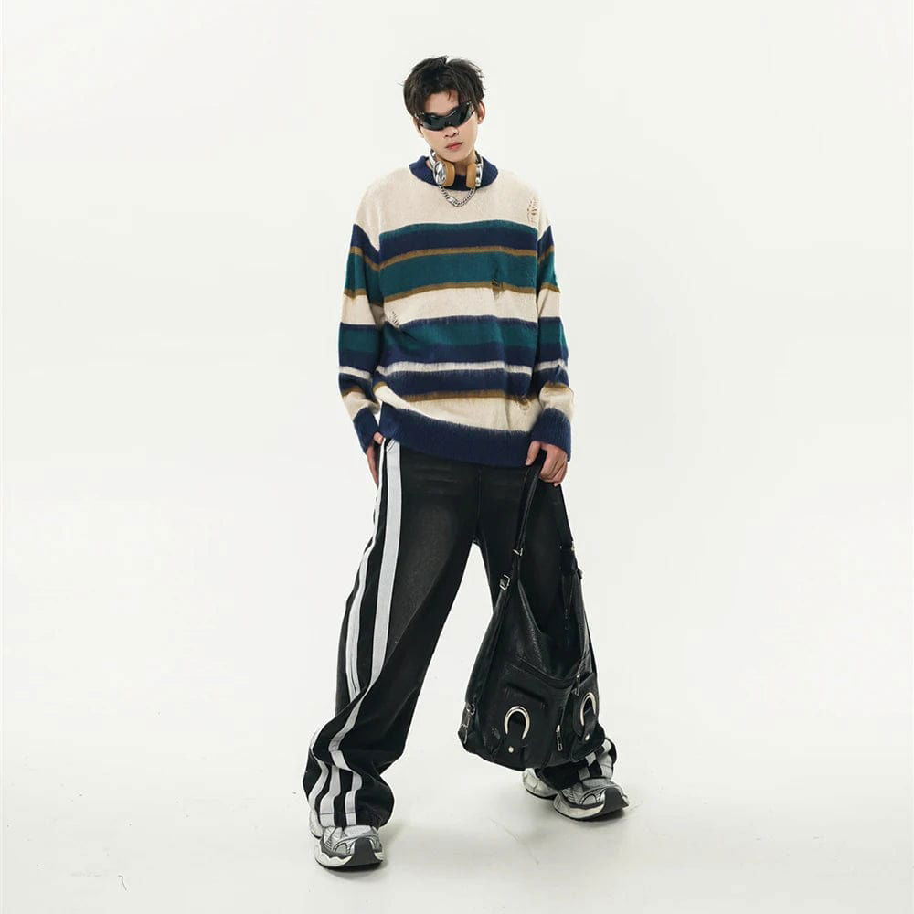 STRIPED DISTRESSED KNIT SWEATER BIMILIS SWEAT UNISEX COTTON