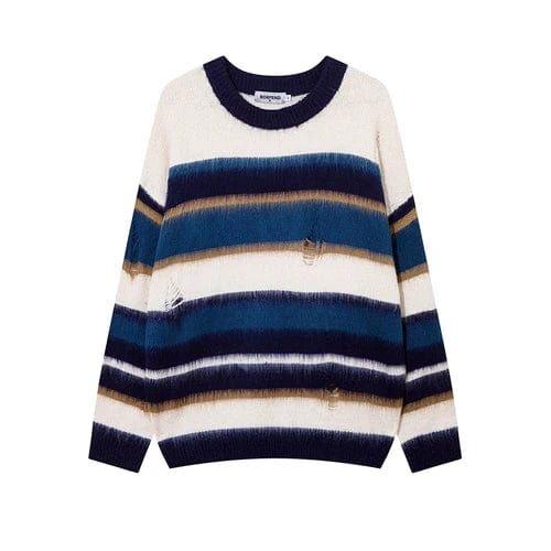 STRIPED DISTRESSED KNIT SWEATER BIMILIS SWEAT UNISEX COTTON