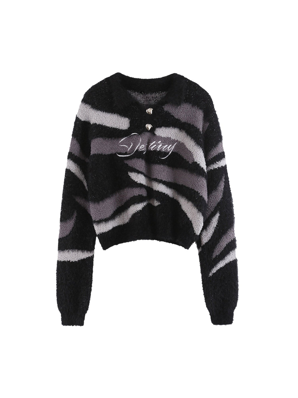 STRIPED FUZZY CARDIGAN WITH LAPEL COLLAR LONG SLEEVE DESIGN