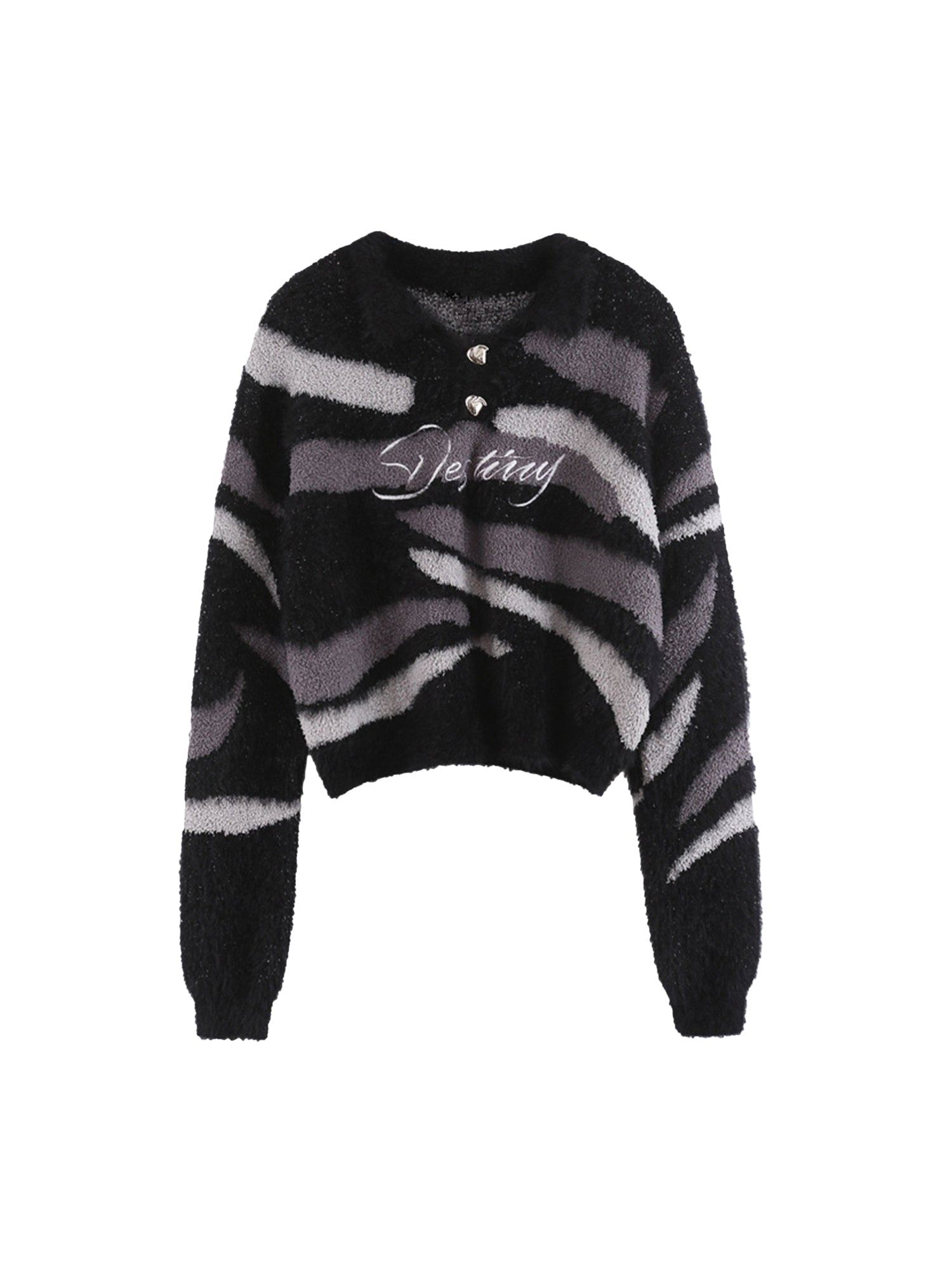 STRIPED FUZZY CARDIGAN WITH LAPEL COLLAR LONG SLEEVE DESIGN