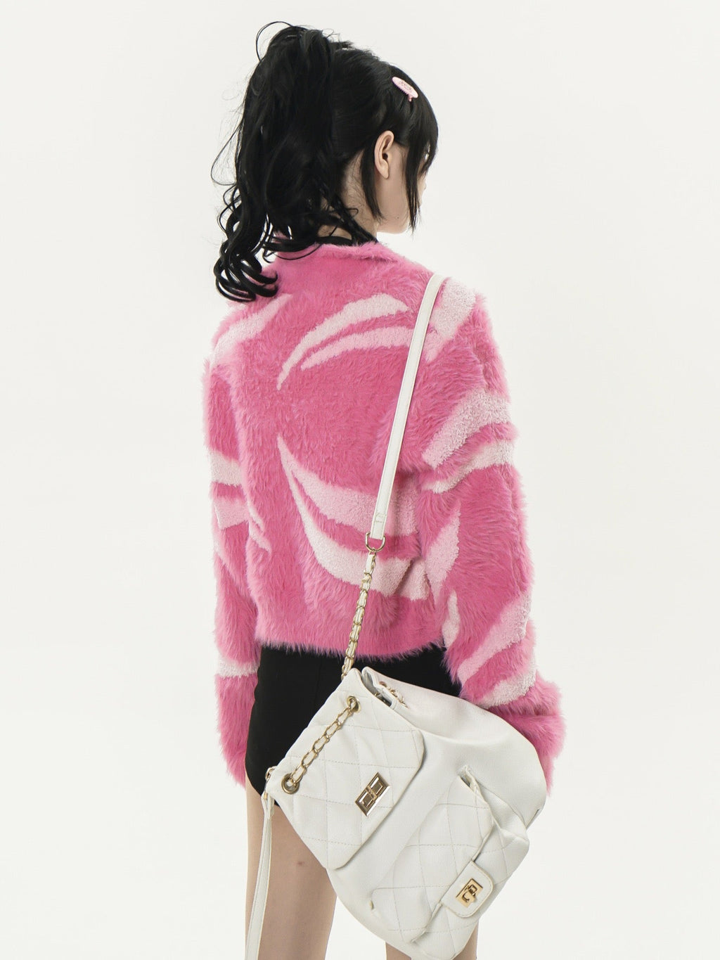 STRIPED FUZZY CARDIGAN WITH LAPEL COLLAR LONG SLEEVE DESIGN
