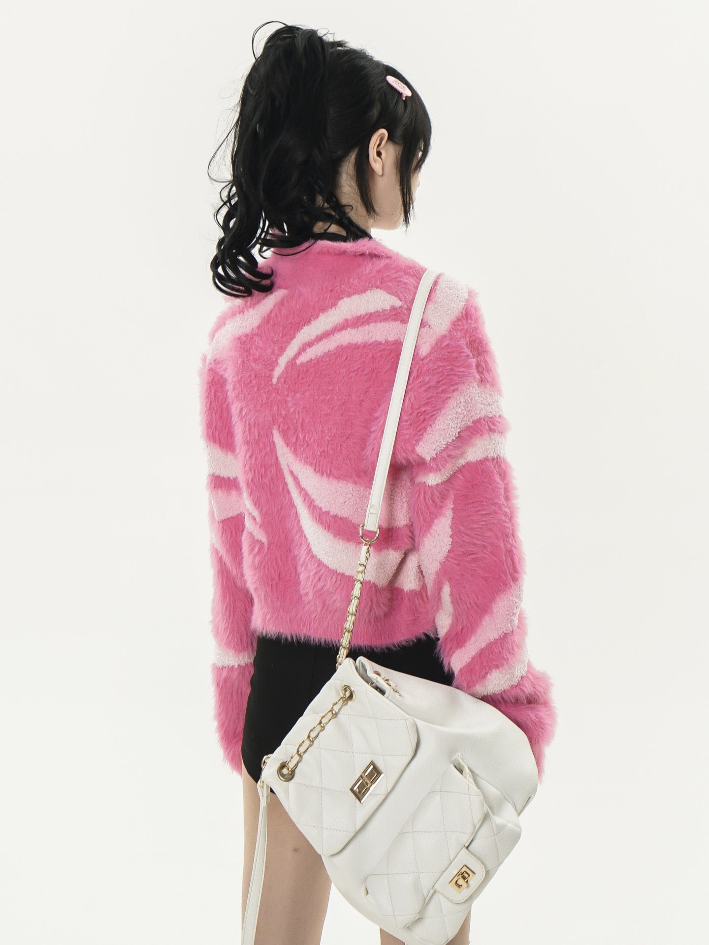STRIPED FUZZY CARDIGAN WITH LAPEL COLLAR LONG SLEEVE DESIGN