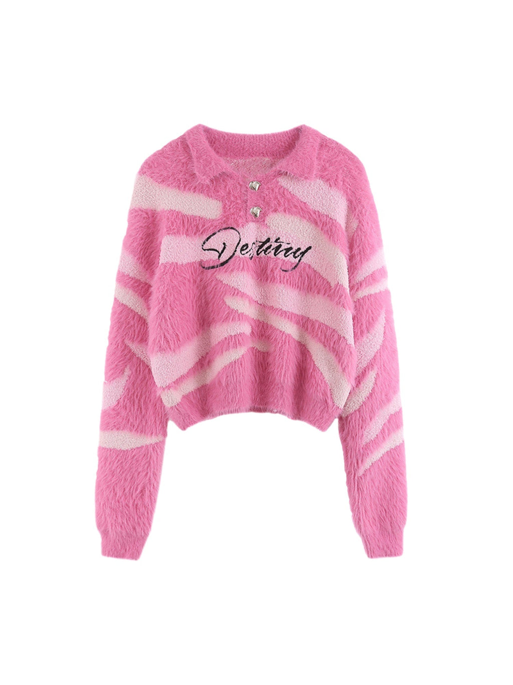 STRIPED FUZZY CARDIGAN WITH LAPEL COLLAR LONG SLEEVE DESIGN