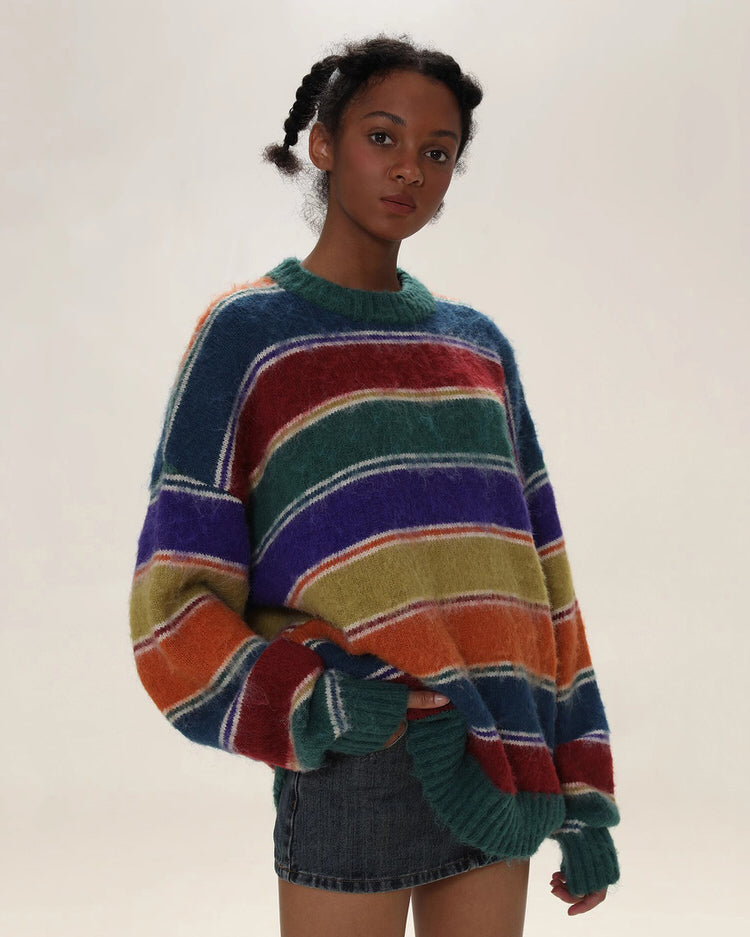 STRIPED FUZZY OVERSIZED SWEATER FOR WOMEN