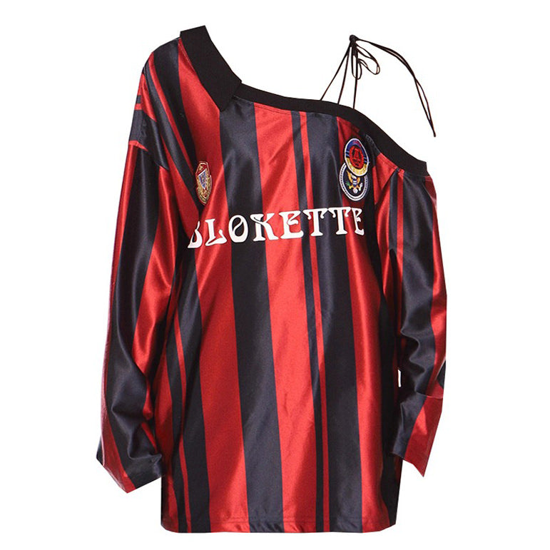 STRIPED JERSEY TOP OFF-SHOULDER CUT TRENDY STREETWEAR