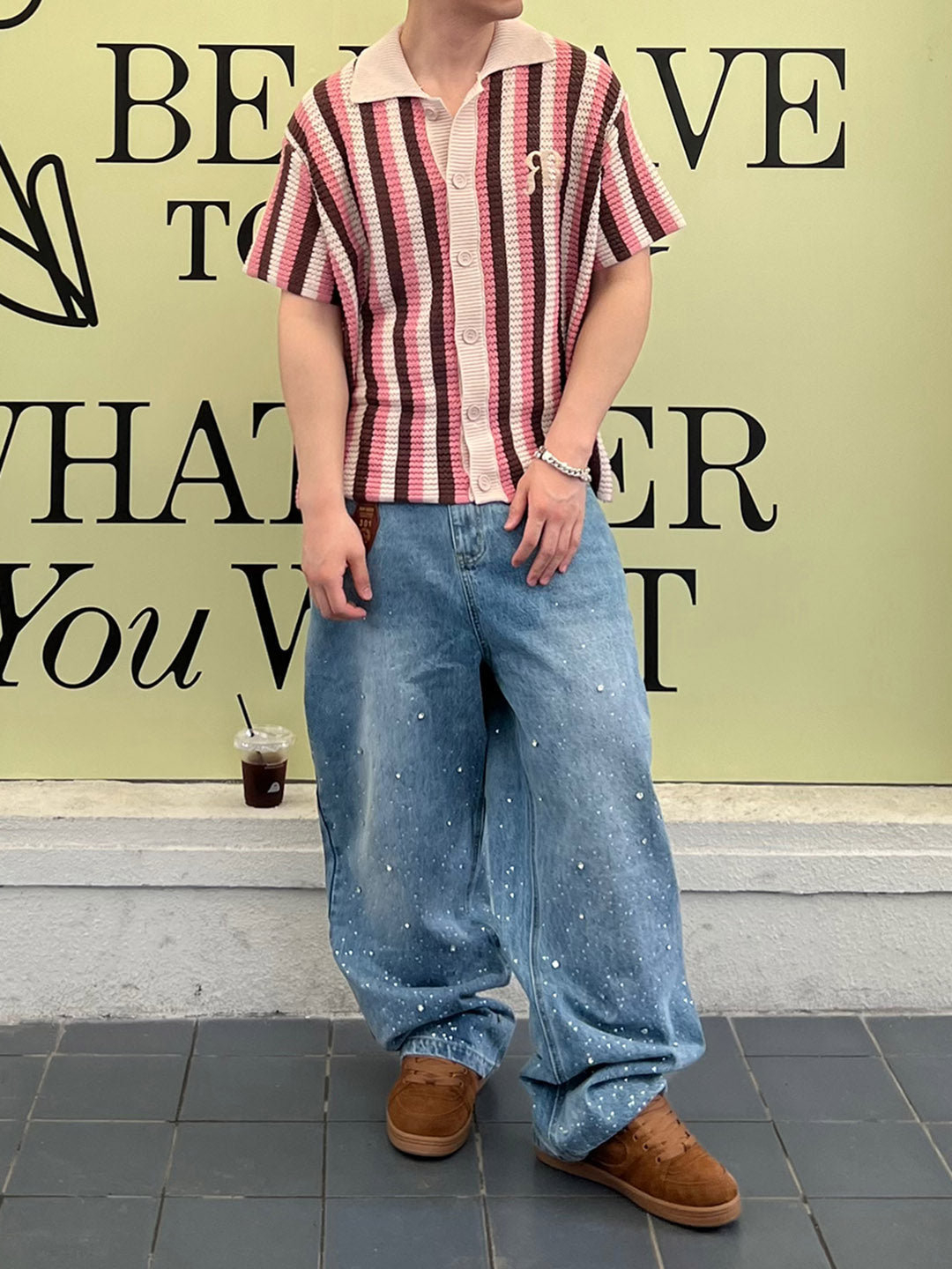 STRIPED KNIT BUTTON-DOWN SHIRT WITH SHORT SLEEVE EMBROIDERY