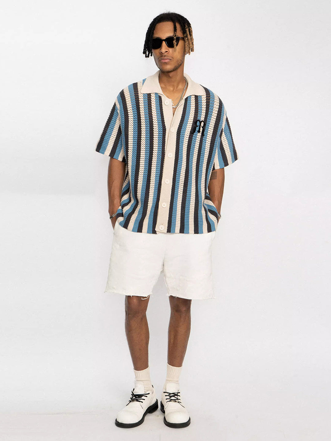 STRIPED KNIT BUTTON-DOWN SHIRT WITH SHORT SLEEVE EMBROIDERY