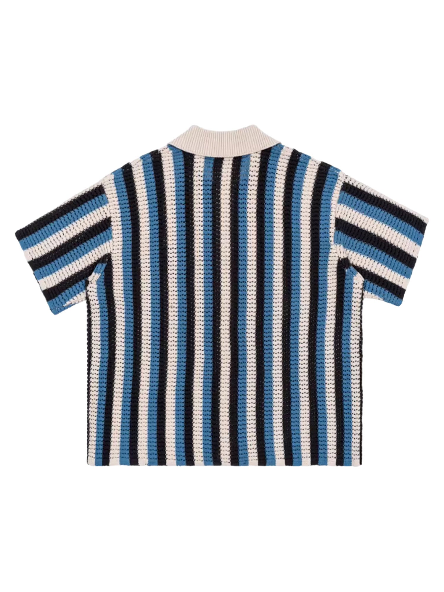STRIPED KNIT BUTTON-DOWN SHIRT WITH SHORT SLEEVE EMBROIDERY