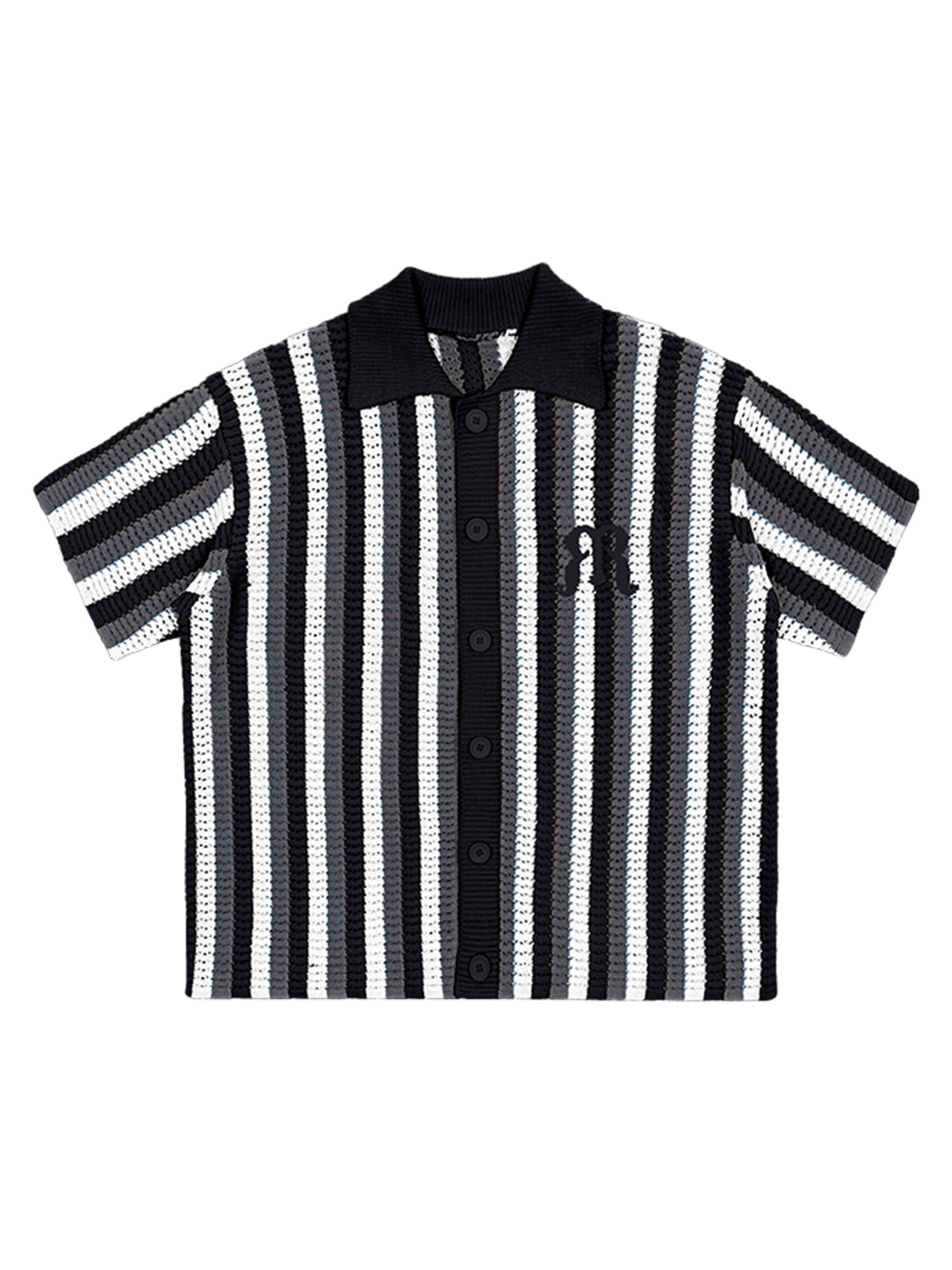STRIPED KNIT BUTTON-DOWN SHIRT WITH SHORT SLEEVE EMBROIDERY