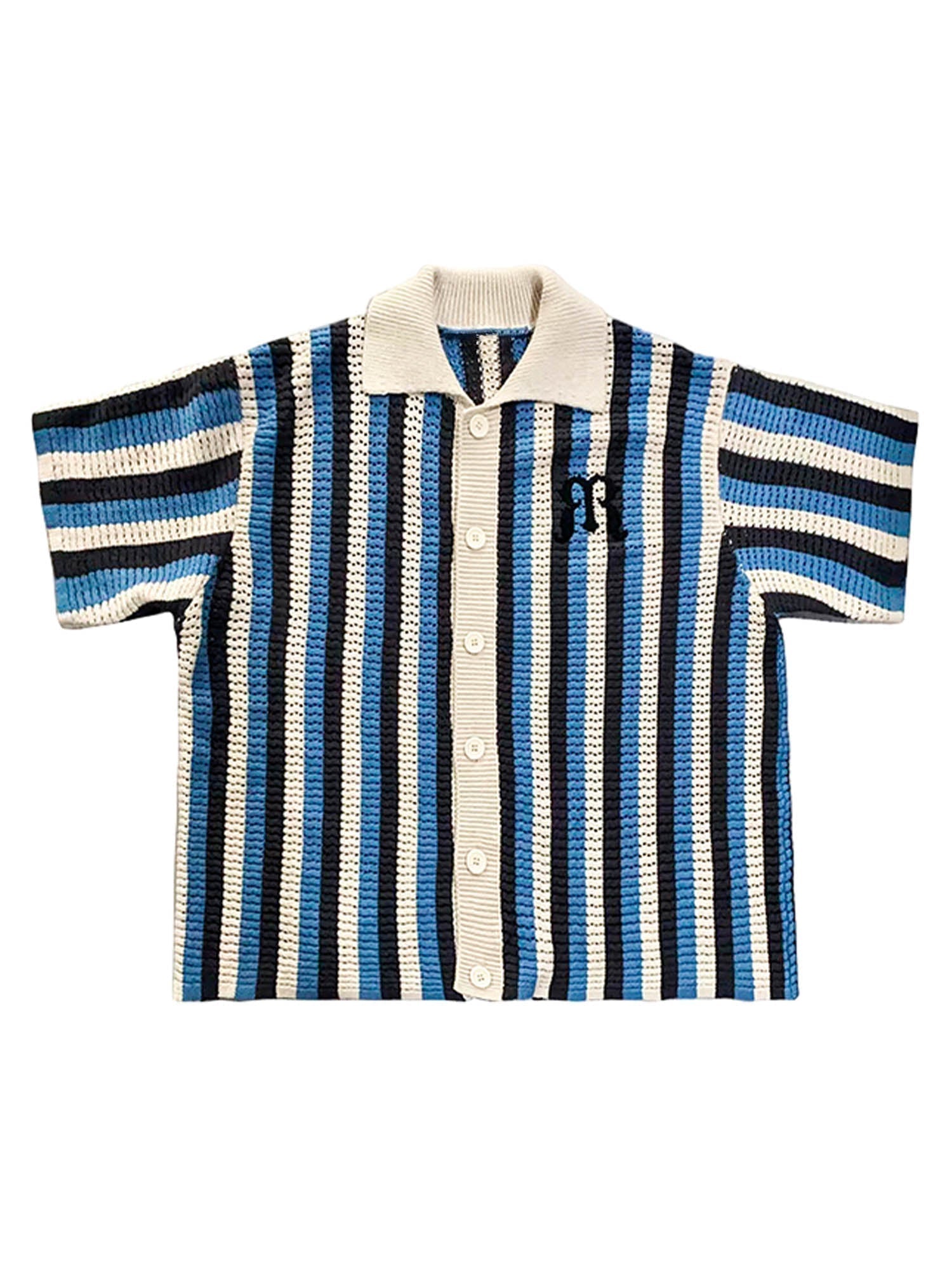 STRIPED KNIT BUTTON-DOWN SHIRT WITH SHORT SLEEVE EMBROIDERY