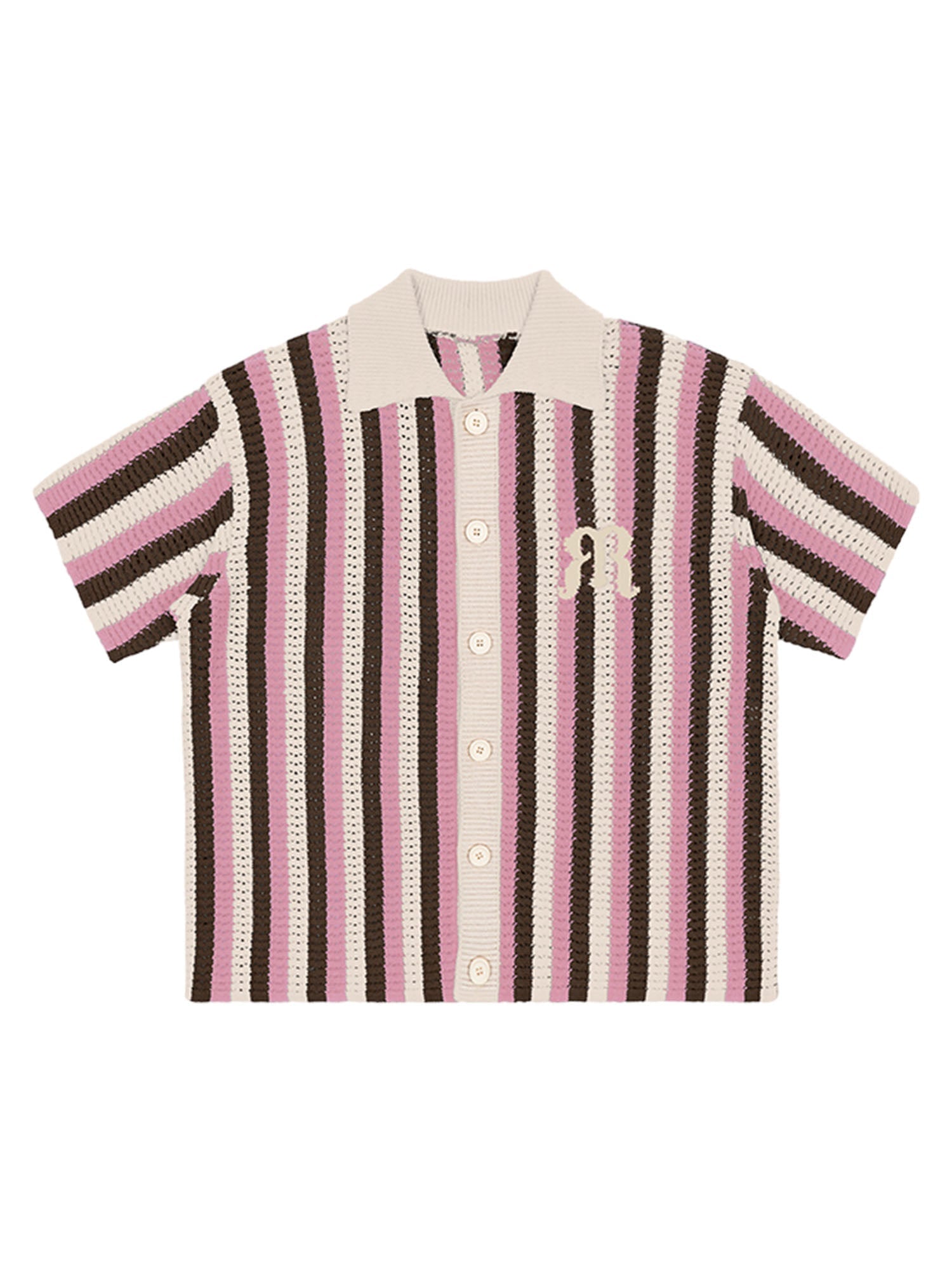 STRIPED KNIT BUTTON-DOWN SHIRT WITH SHORT SLEEVE EMBROIDERY
