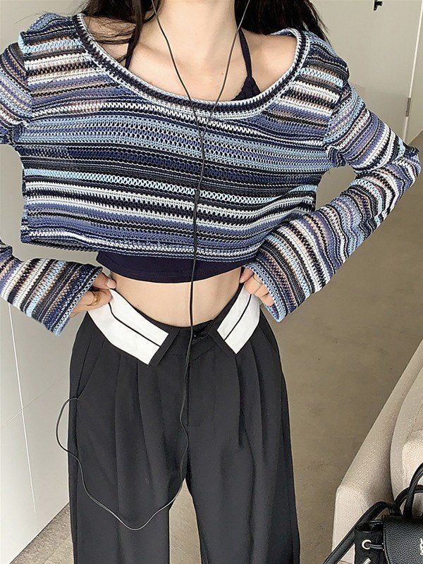 STRIPED KNIT CROP TOP WITH CONTRAST STRIPED CROCHET DETAIL