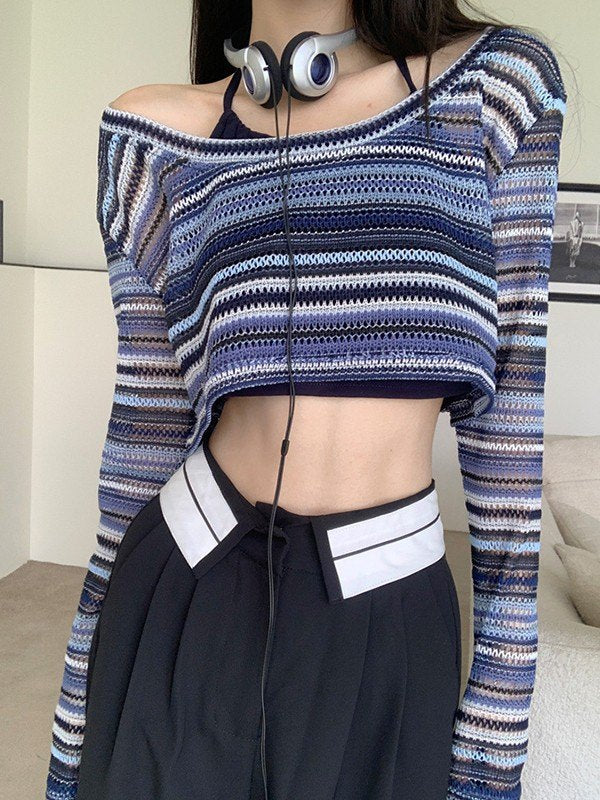 STRIPED KNIT CROP TOP WITH LONG SLEEVE CREW DESIGN