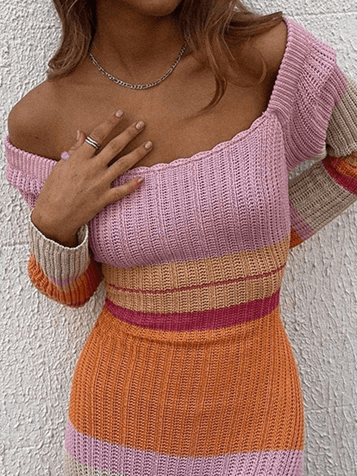 STRIPED KNIT DRESS WITH STRETCHY KNIT FOR COMFORTABLE SLIM FIT