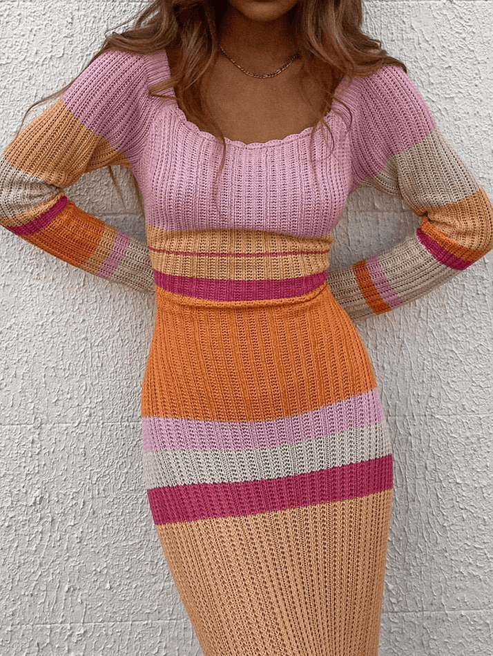 STRIPED KNIT DRESS WITH STRETCHY KNIT FOR COMFORTABLE SLIM FIT