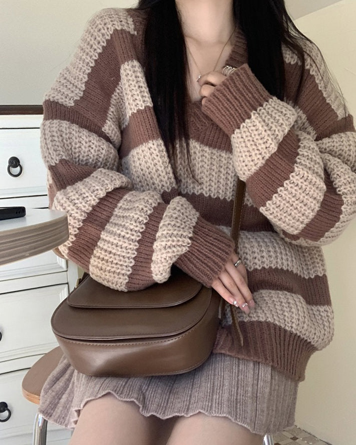 STRIPED KNIT SWEATER AND SHOULDER BAG SET FOR WOMEN