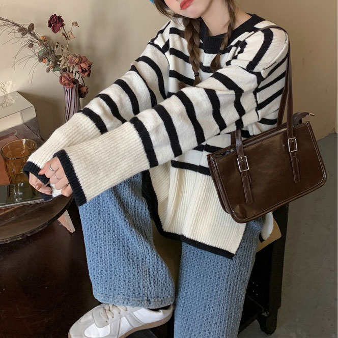 STRIPED KNIT SWEATER WITH BROWN PURSE SET FOR CASUAL WEAR