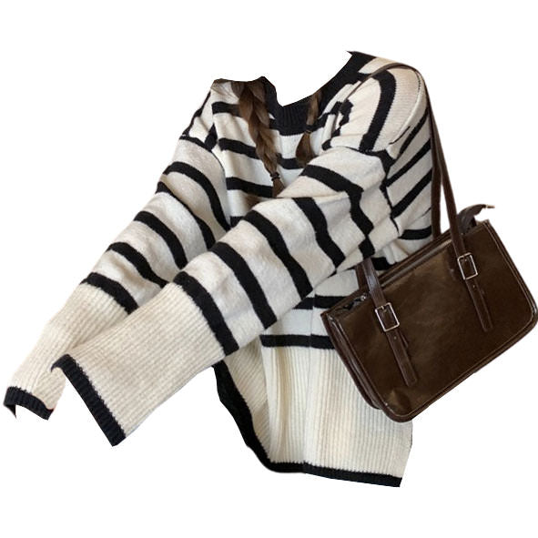 STRIPED KNIT SWEATER WITH BROWN PURSE SET FOR CASUAL WEAR