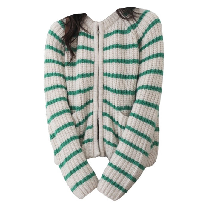 STRIPED KNIT ZIP-UP CARDIGAN FOR WOMEN