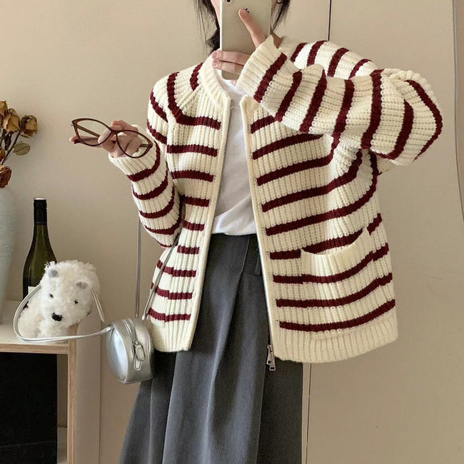 STRIPED KNIT ZIP-UP CARDIGAN FOR WOMEN