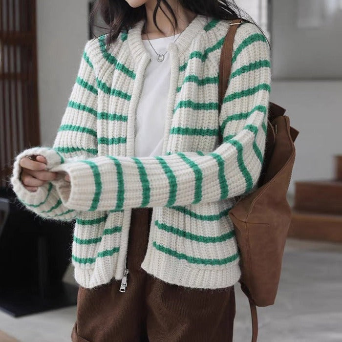 STRIPED KNIT ZIP-UP CARDIGAN FOR WOMEN